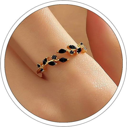 Gold Plated Black Crystal Leaf Ring for Women – Elegant Minimal Jewelry