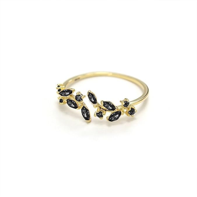 Gold Plated Black Crystal Leaf Ring for Women – Elegant Minimal Jewelry