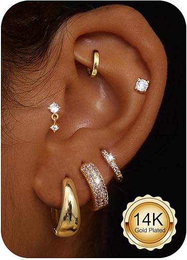 Divine 14K Gold Plated 16G Cartilage Stud Earring Set (9-Pair Collection)