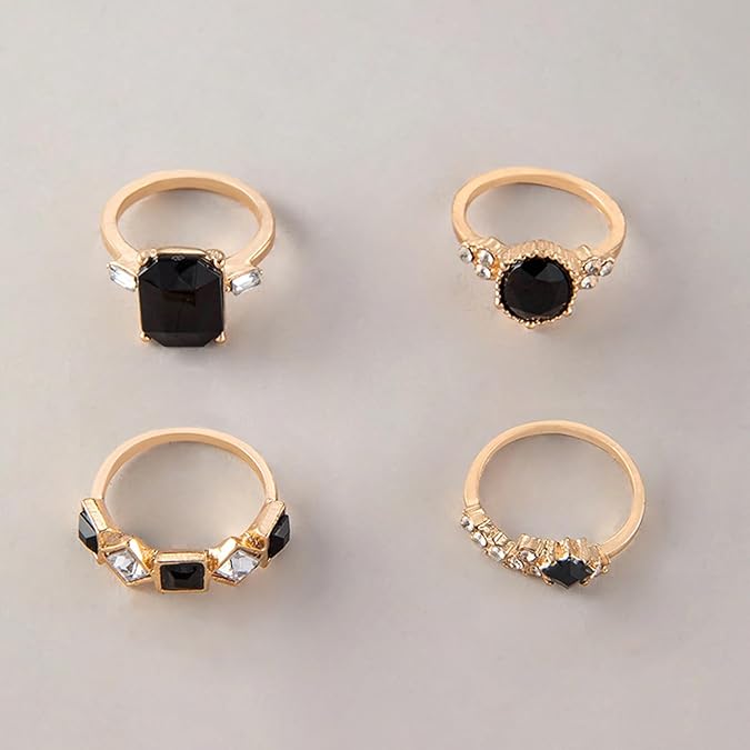 Gold Plated Black Crystal Ring Set for Women – Luxury Statement Jewelry