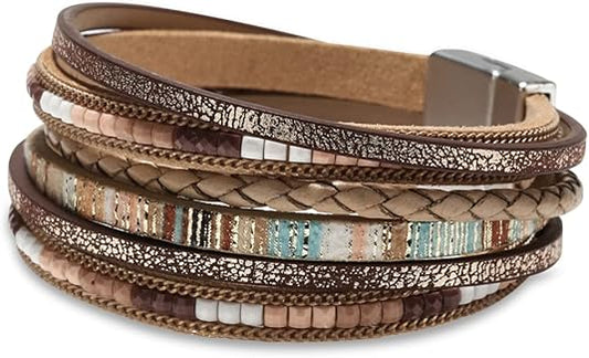 Boho Multi-Layer Wrap Bracelet – Magnetic Clasp Leather Bracelet