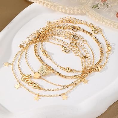 Gold Charm Anklet Set for Women – Love, Heart & Star Ankle Bracelets (6-Piece Set)