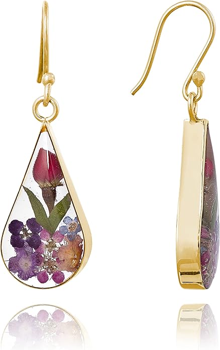Divine Sterling Silver Real Pressed Flower Teardrop Earrings