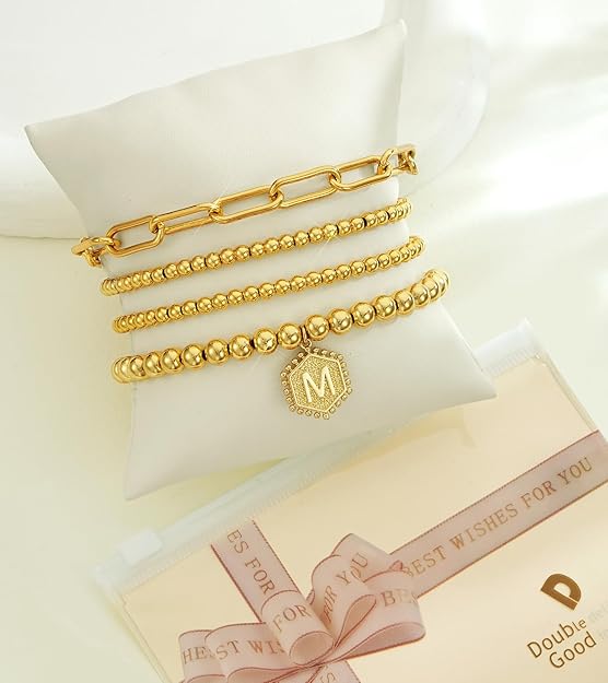 Divine 14K Gold Plated Personalized Initial Bead Bracelet Stack (5-Piece Set)