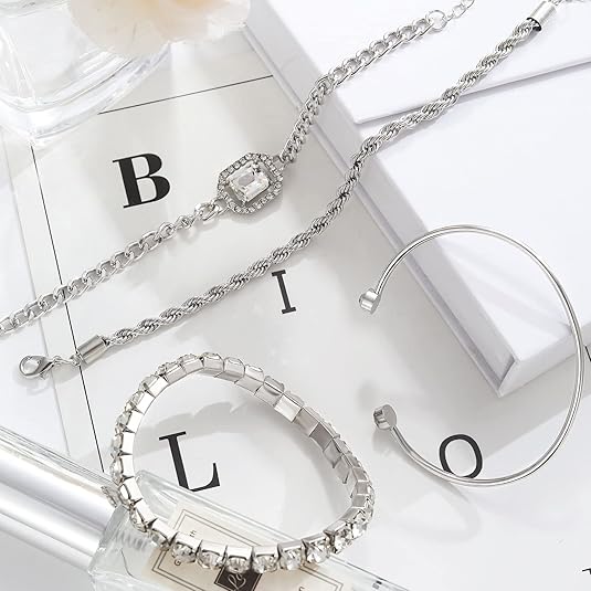 Silver Cubic Zirconia Bracelet Set – Stackable Tennis & Cuff Bracelets