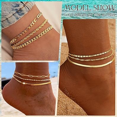 Gold Chain Anklet Set for Women – Adjustable Ankle Bracelets (5-Piece Set)