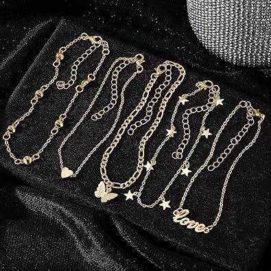 Gold Charm Anklet Set for Women – Love, Heart & Star Ankle Bracelets (6-Piece Set)