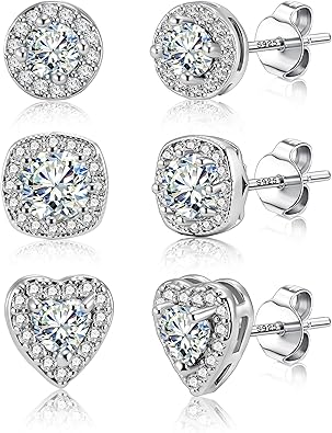 Halo Cubic Zirconia Stud Earrings – Sparkling Silver-Tone Earrings (Round, Square & Heart)