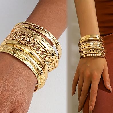 Gold Stacked Bangle Bracelet – Textured & Chain Style Statement Cuff