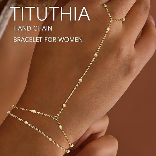 Divine 14K Gold Plated Beaded Hand Chain & Ring Bracelet