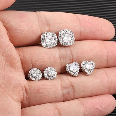 Halo Cubic Zirconia Stud Earrings – Sparkling Silver-Tone Earrings (Round, Square & Heart)
