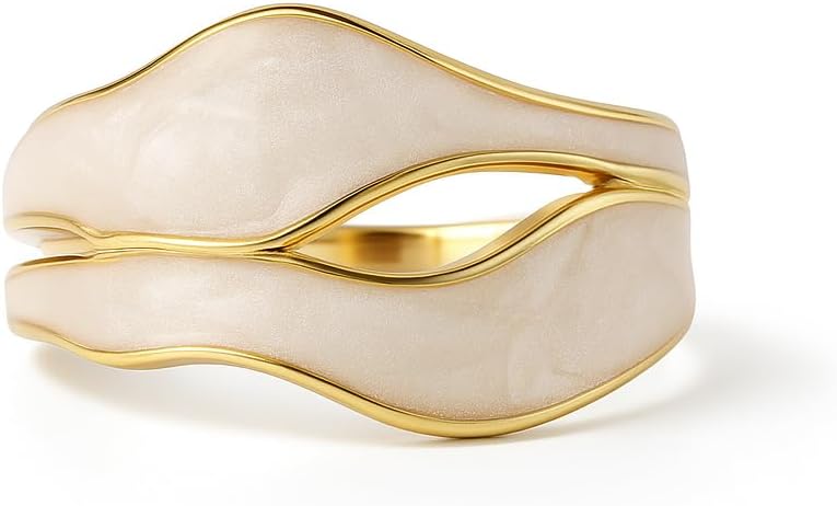 Divine Grace Cream Enamel Wave Bypass Ring – 14K Gold Finish