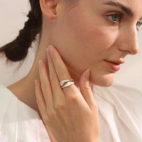 Divine Grace Cream Enamel Wave Bypass Ring – 14K Gold Finish