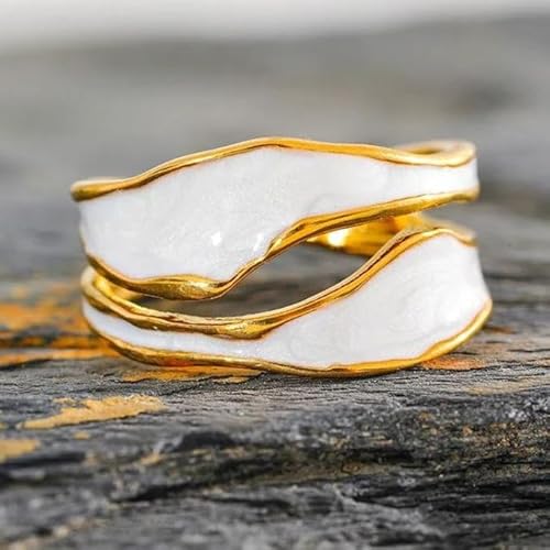 Divine Grace Cream Enamel Wave Bypass Ring – 14K Gold Finish