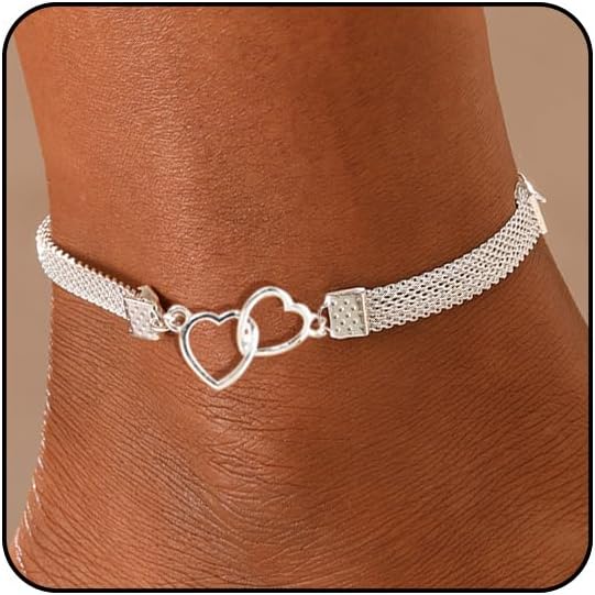 nterlocking Double Heart Mesh Chain Anklet