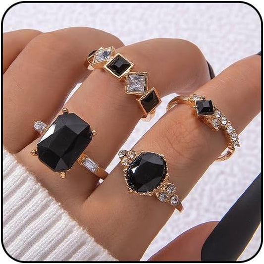 Gold Plated Black Crystal Ring Set for Women – Luxury Statement Jewelry
