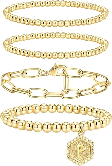 Divine 14K Gold Plated Personalized Initial Bead Bracelet Stack (5-Piece Set)