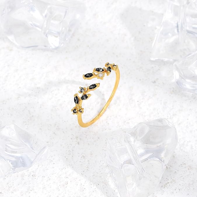 Gold Plated Black Crystal Leaf Ring for Women – Elegant Minimal Jewelry
