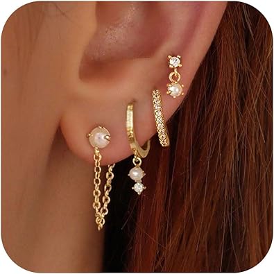 Gold Pearl Ear Cuff & Stud Earring Set – Minimalist Multi-Piercing Jewelry