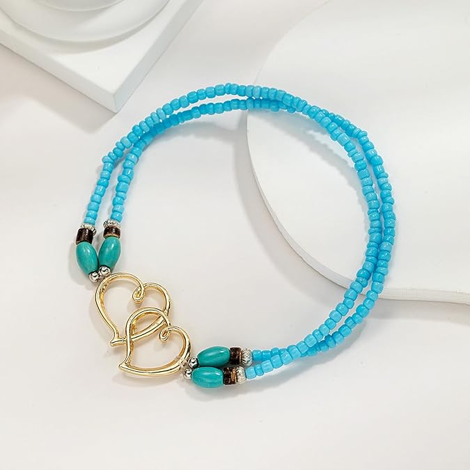 Turquoise Beaded Heart Charm Anklet – Double Heart Gold-Tone Design