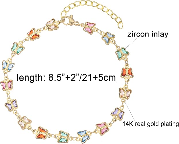 Divine Garden Multi-Color Butterfly Crystal Gold Anklet