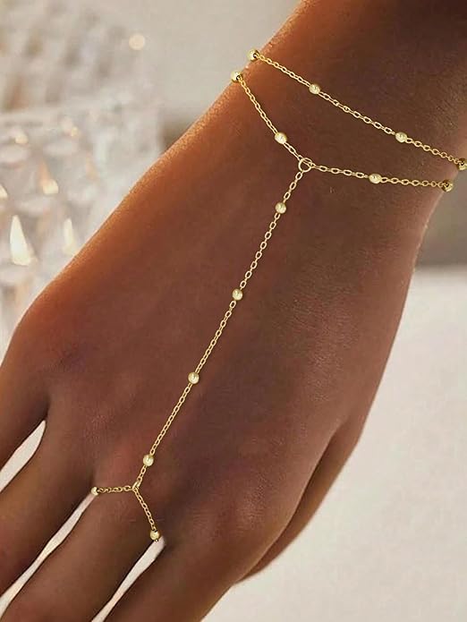 Divine 14K Gold Plated Beaded Hand Chain & Ring Bracelet