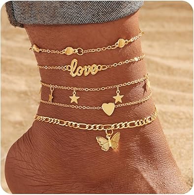 Gold Charm Anklet Set for Women – Love, Heart & Star Ankle Bracelets (6-Piece Set)