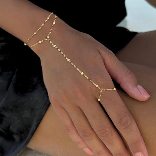 Divine 14K Gold Plated Beaded Hand Chain & Ring Bracelet