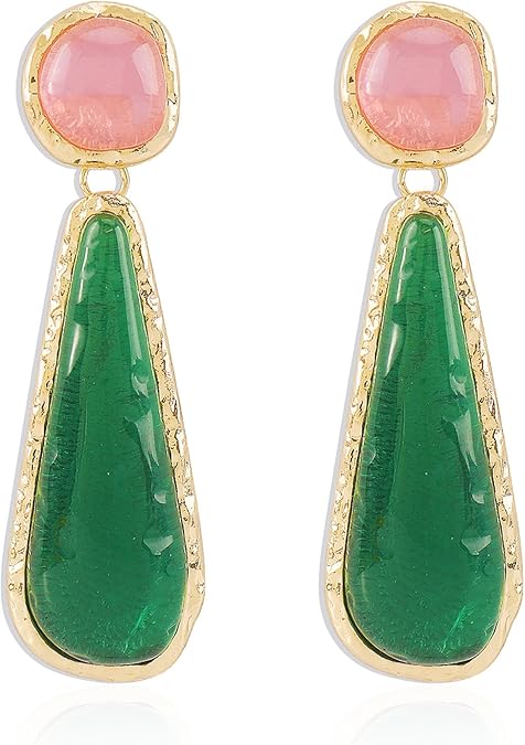 Two-Tone Gemstone Drop Earrings – Pink & Green Elegant Statement