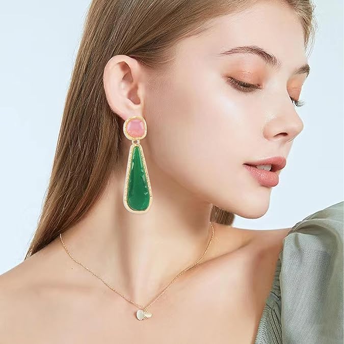 Two-Tone Gemstone Drop Earrings – Pink & Green Elegant Statement