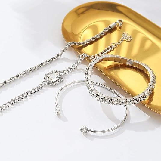 Silver Cubic Zirconia Bracelet Set – Stackable Tennis & Cuff Bracelets