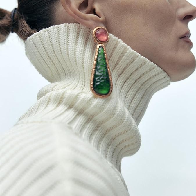 Two-Tone Gemstone Drop Earrings – Pink & Green Elegant Statement