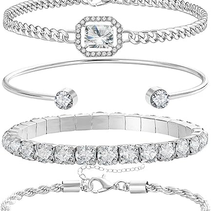 Silver Cubic Zirconia Bracelet Set – Stackable Tennis & Cuff Bracelets