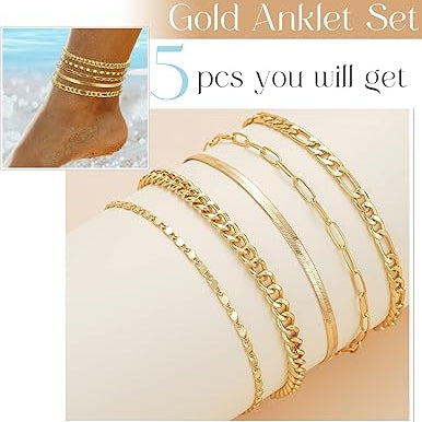 Gold Chain Anklet Set for Women – Adjustable Ankle Bracelets (5-Piece Set)
