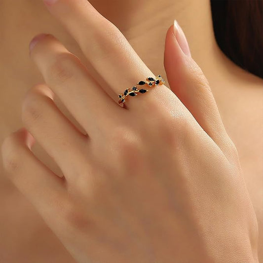 Gold Plated Black Crystal Leaf Ring for Women – Elegant Minimal Jewelry