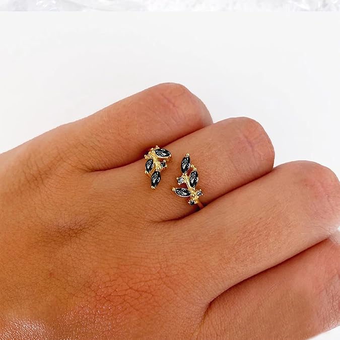Gold Plated Black Crystal Leaf Ring for Women – Elegant Minimal Jewelry