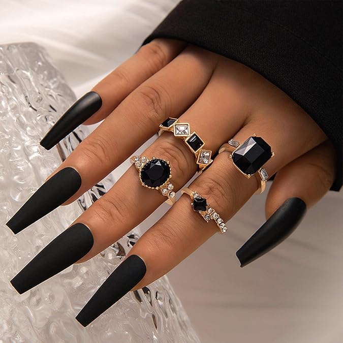 Gold Plated Black Crystal Ring Set for Women – Luxury Statement Jewelry