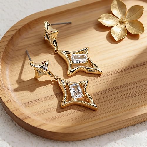 Divine North Star Gold Drop Earrings – Baguette Crystal Accents