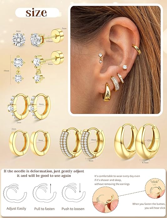 Divine 14K Gold Plated 16G Cartilage Stud Earring Set (9-Pair Collection)