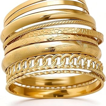 Gold Stacked Bangle Bracelet – Textured & Chain Style Statement Cuff