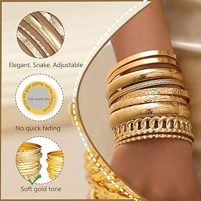 Gold Stacked Bangle Bracelet – Textured & Chain Style Statement Cuff