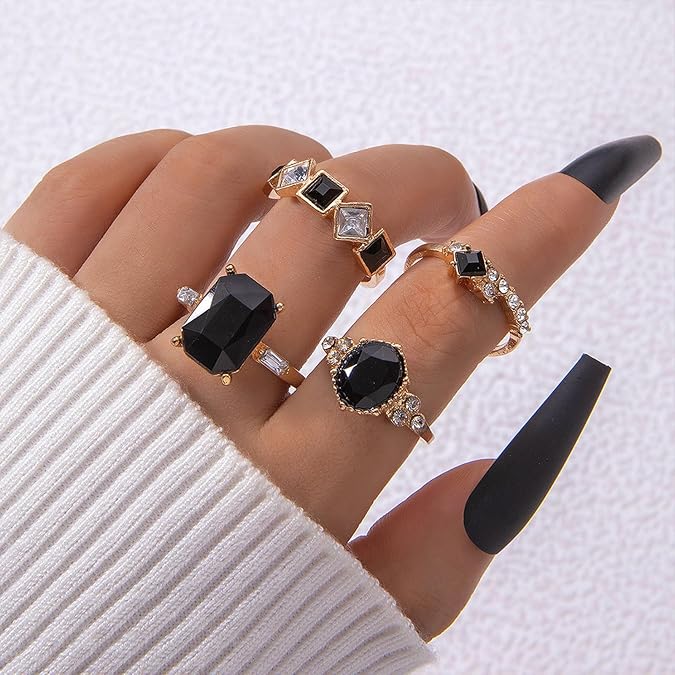 Gold Plated Black Crystal Ring Set for Women – Luxury Statement Jewelry