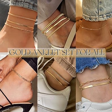 Gold Chain Anklet Set for Women – Adjustable Ankle Bracelets (5-Piece Set)