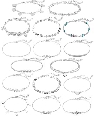 Boho Silver Anklet Set – Adjustable Chain Anklets with Charms (16-Piece Set)