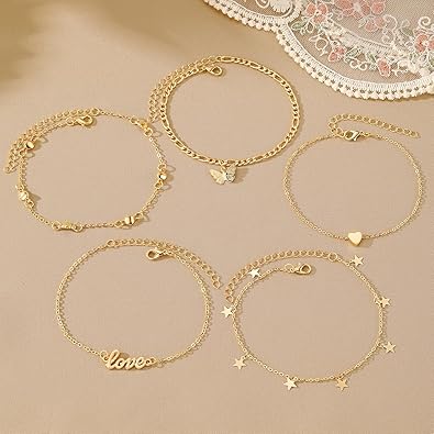 Gold Charm Anklet Set for Women – Love, Heart & Star Ankle Bracelets (6-Piece Set)