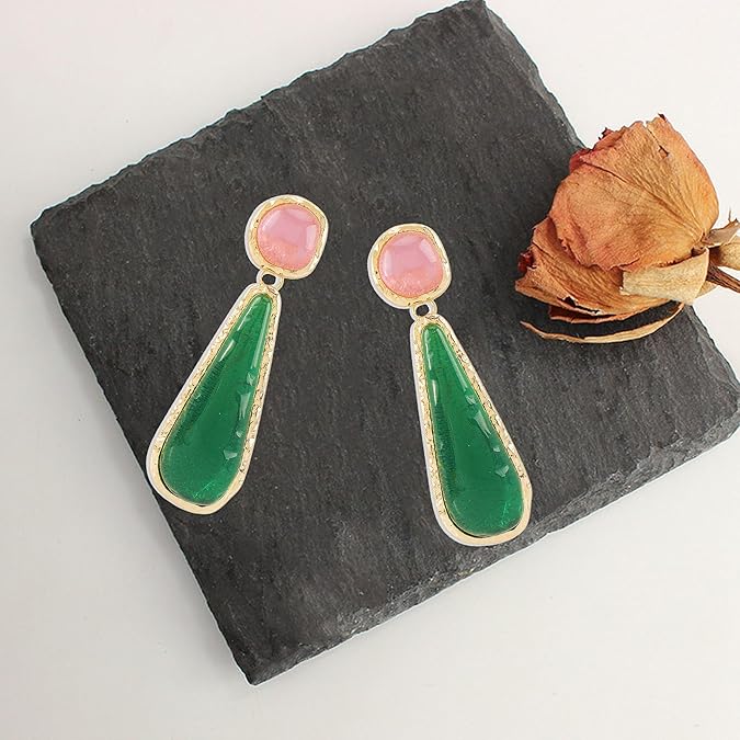 Two-Tone Gemstone Drop Earrings – Pink & Green Elegant Statement