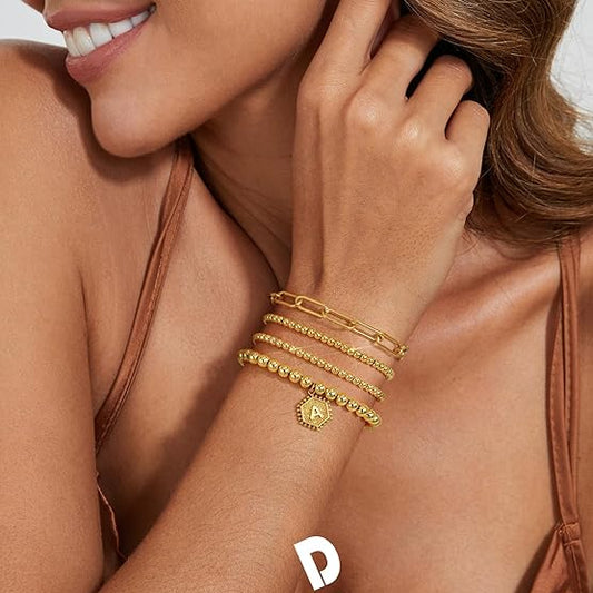 Divine 14K Gold Plated Personalized Initial Bead Bracelet Stack (5-Piece Set)