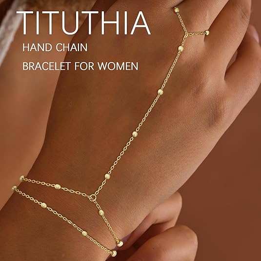 Divine 14K Gold Plated Beaded Hand Chain & Ring Bracelet