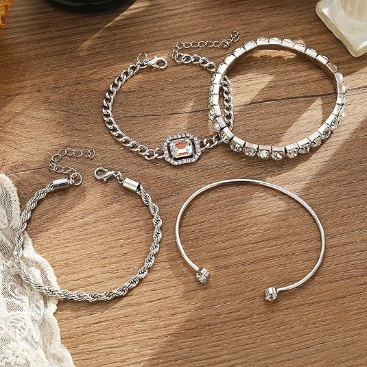 Silver Cubic Zirconia Bracelet Set – Stackable Tennis & Cuff Bracelets
