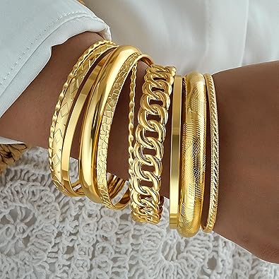 Gold Stacked Bangle Bracelet – Textured & Chain Style Statement Cuff